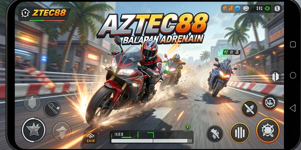 Gameplay menegangkan AZTEC88 saat melaju di trek balapan motor.