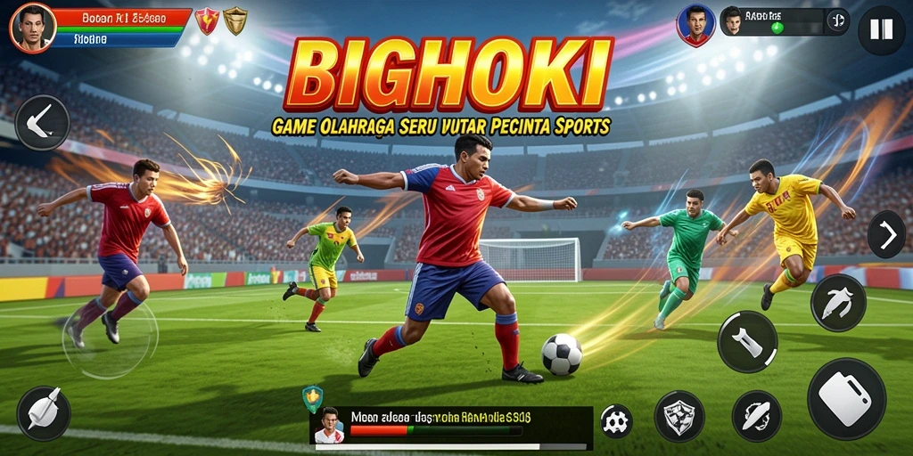 Tampilan gameplay seru dalam BIGHOKI dengan berbagai karakter sporty.