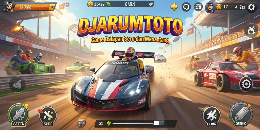 Screenshot gameplay DJARUMTOTO menampilkan aksi balapan yang mendebarkan.