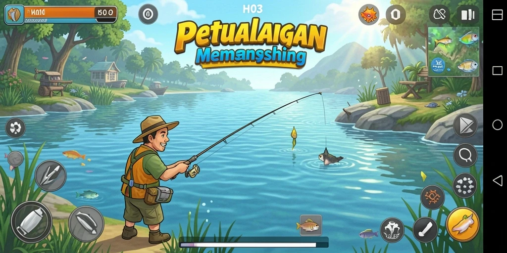 Screenshot gameplay H03 menunjukkan suasana memancing yang menakjubkan.