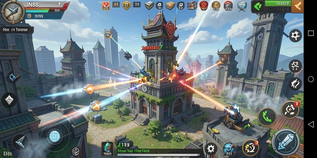 Tampilan gameplay IN88 dengan menara yang berjuang melawan gelombang musuh.
