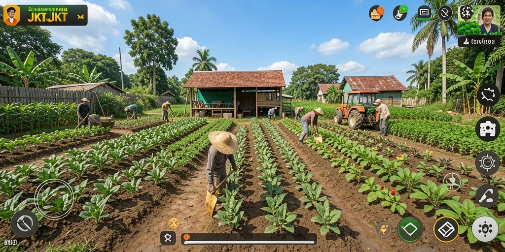 Screenshot gameplay JKTJKT dengan ladang yang subur dan berwarna-warni.