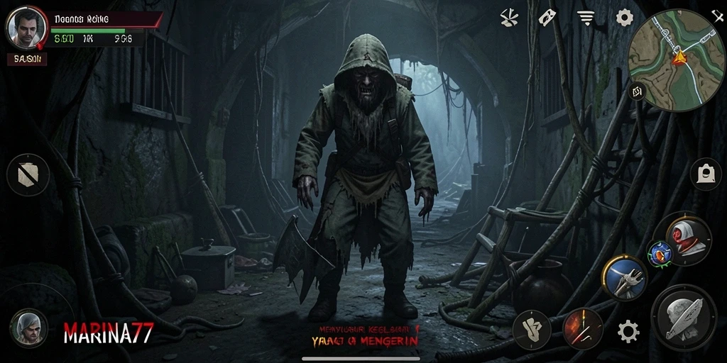 Screenshot gameplay <strong>MARINA77</strong> menampilkan kengerian dan ketegangan yang mendalam.