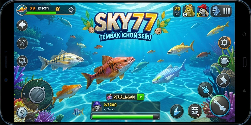 Tampilan gameplay seru dalam SKY77 saat menembak ikan.